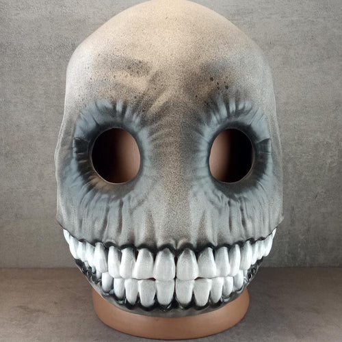 Creepy Grey and Black Smiley Face Mask with Big White-Toothed Grin – Horror Costume Accessory