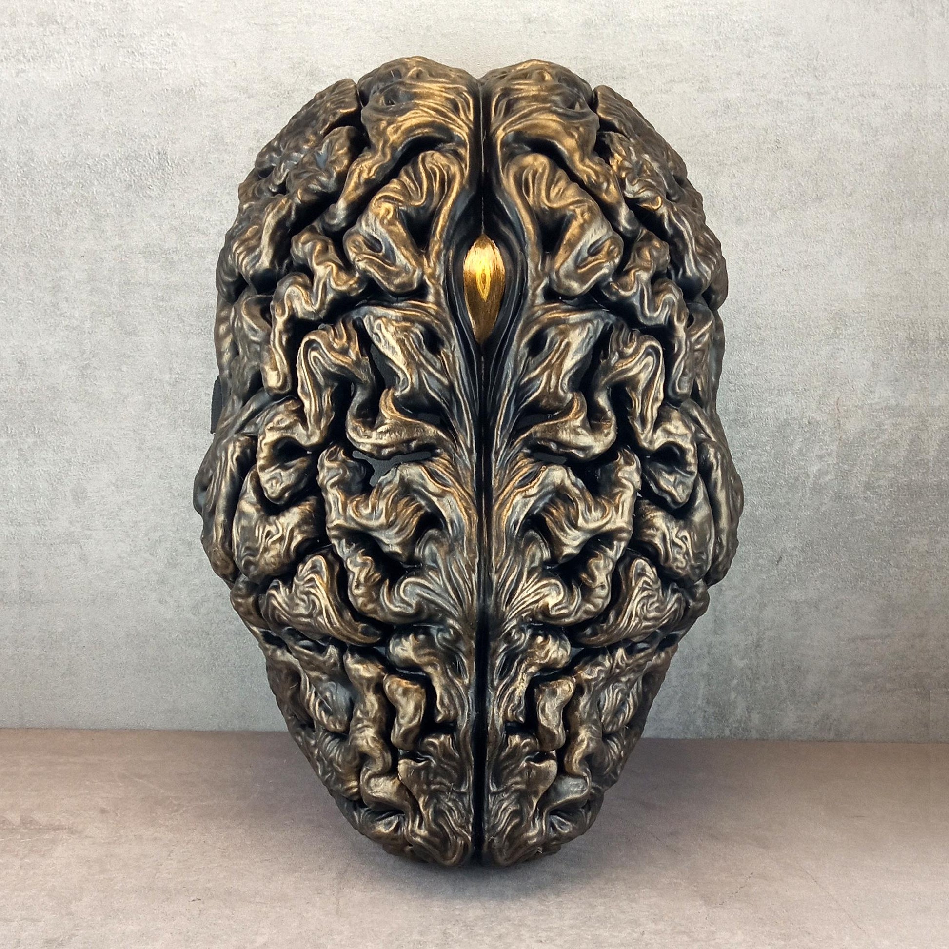 Bronze Brain Mask with Golden Eye – Surreal Anatomical Art Mask for Cosplay & Decor