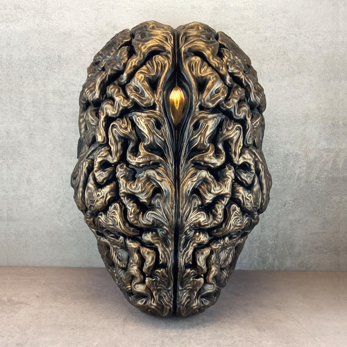 Bronze Brain Mask with Golden Eye – Surreal Anatomical Art Mask for Cosplay & Decor