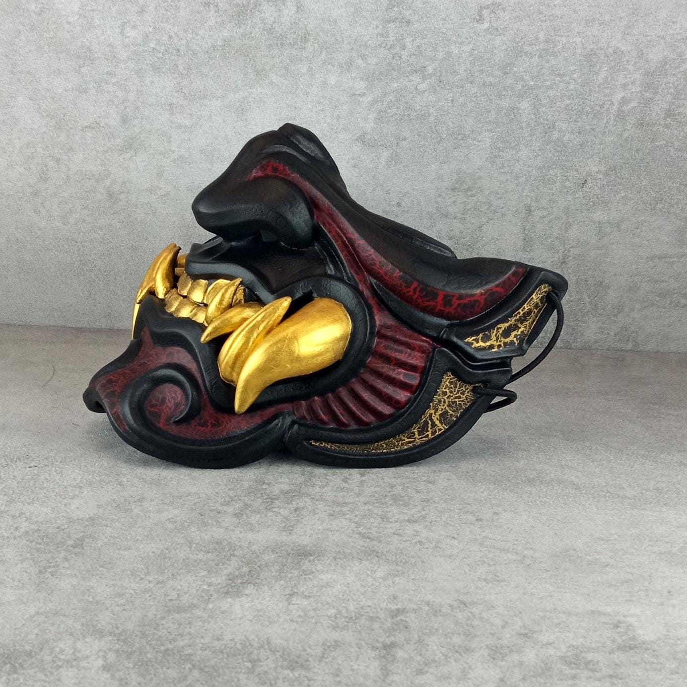 Black and Red Samurai Half Mask with Cracks and 8 Golden Fangs – Wearable Cosplay &amp; Festival Accessory