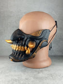 Wearable Samurai Half Mask – Black &amp; Gold with Cracks and Large Golden Fangs