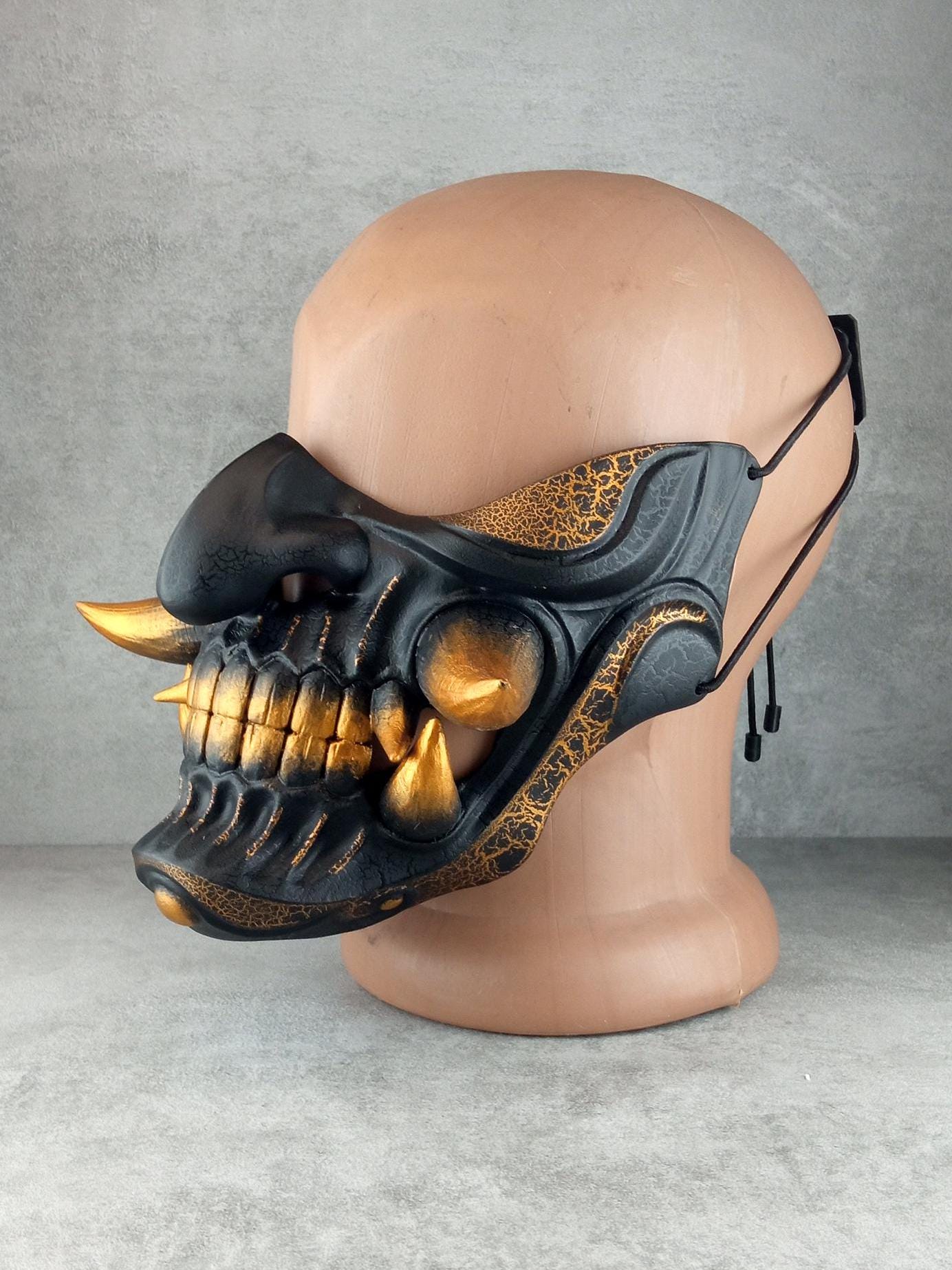 Wearable Samurai Half Mask – Black &amp; Gold with Cracks and Large Golden Fangs