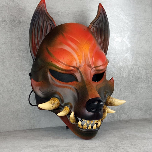 Fox Spirit Mask – Rust-Grey Kitsune (Okami) with Natural Fangs