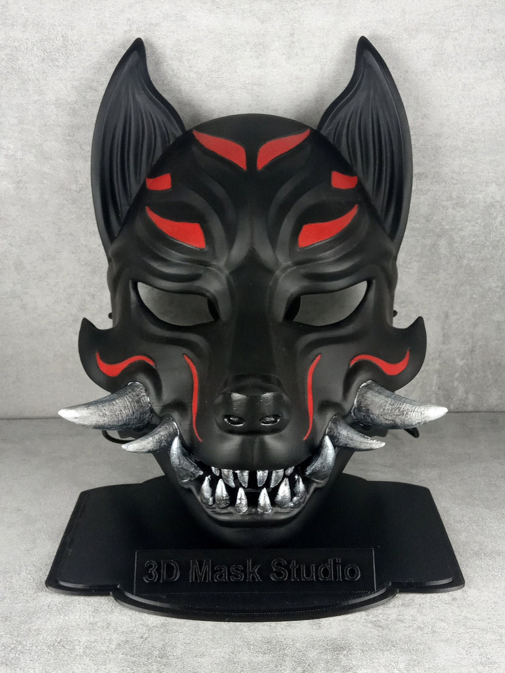Traditional Japanese Kitsune (Okami) Wearable Mask – Black with Red Design