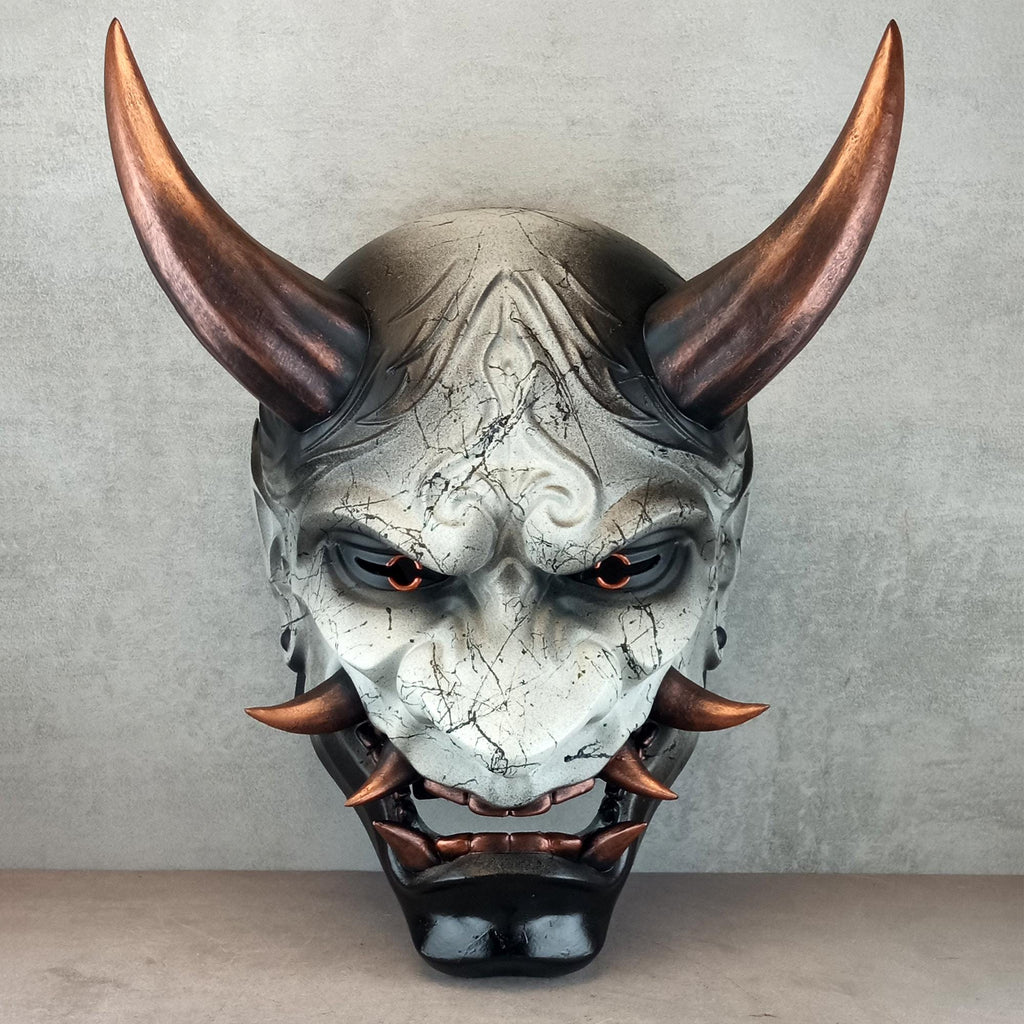 Hannya Demon Mask 'Copper Mountain Spirit' – Gray with Black Marble Veins, Glossy Black Chin, Copper Horns & Fangs