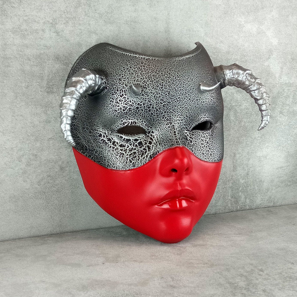 Red and Silver Geisha Witch Mask with Silver Horns