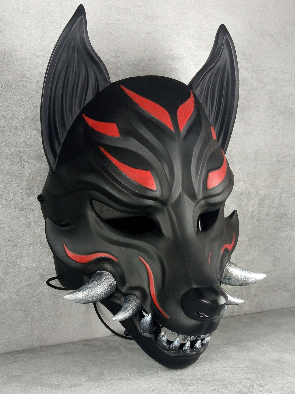 Traditional Japanese Kitsune (Okami) Wearable Mask – Black with Red Design