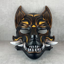Traditional Japanese Kitsune (Okami) Wearable Mask – Black with Gold Design
