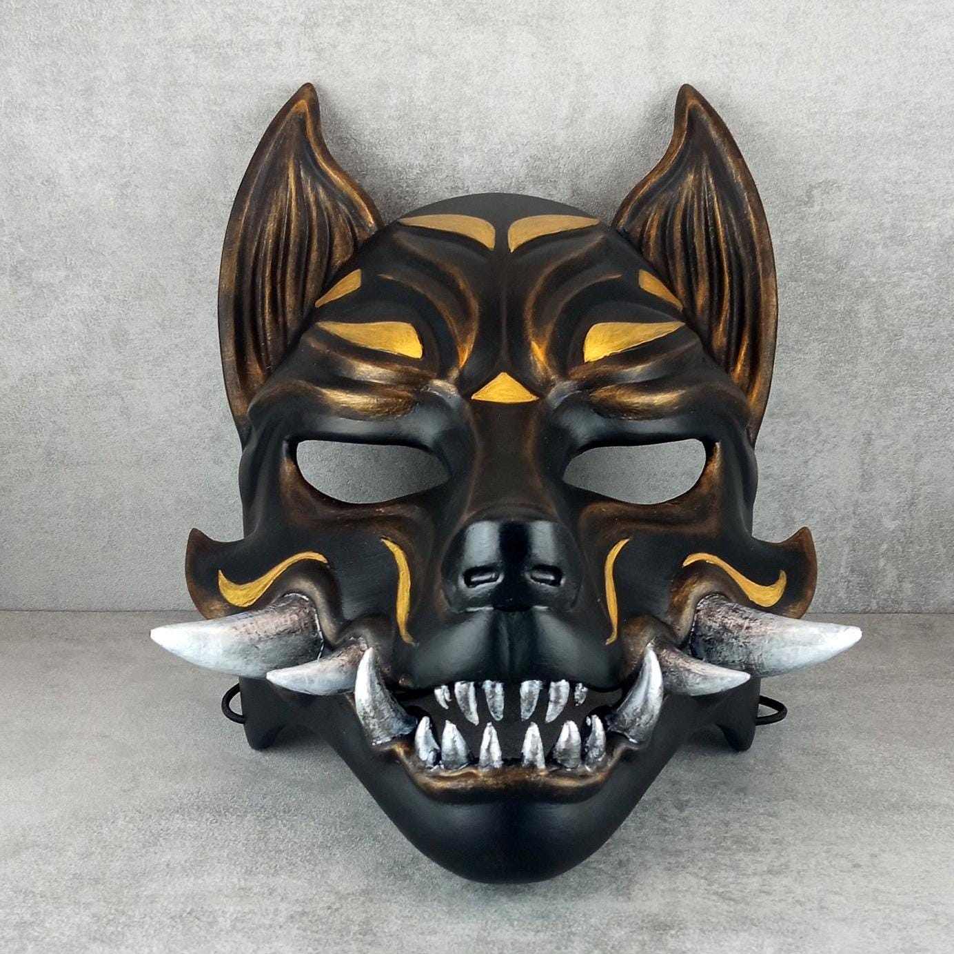 Traditional Japanese Kitsune (Okami) Wearable Mask – Black with Gold Design
