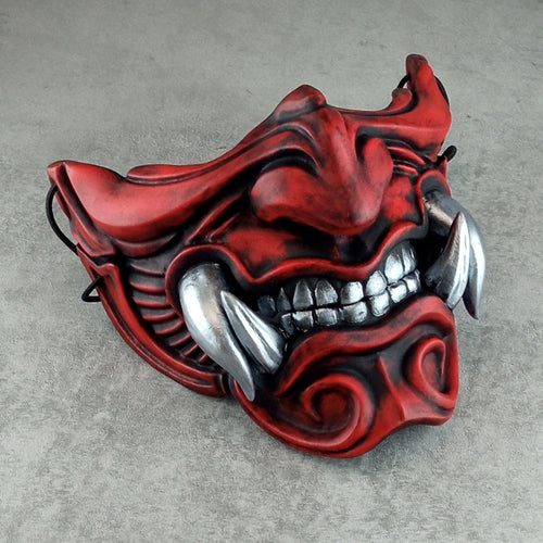 Traditional Red Samurai Half Mask with Silver Fangs