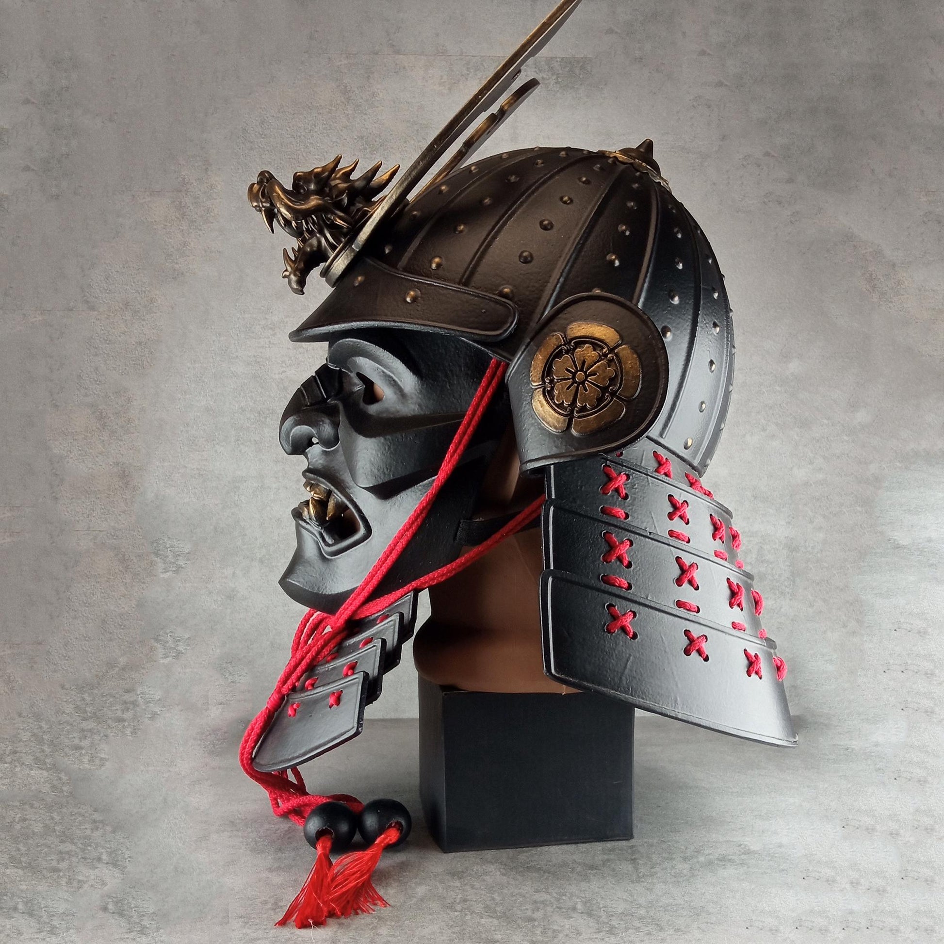 Samurai Kabuto Helmet – Black with Bronze Dragon Crest and Red Cord, with Menpo or Somen Face Mask