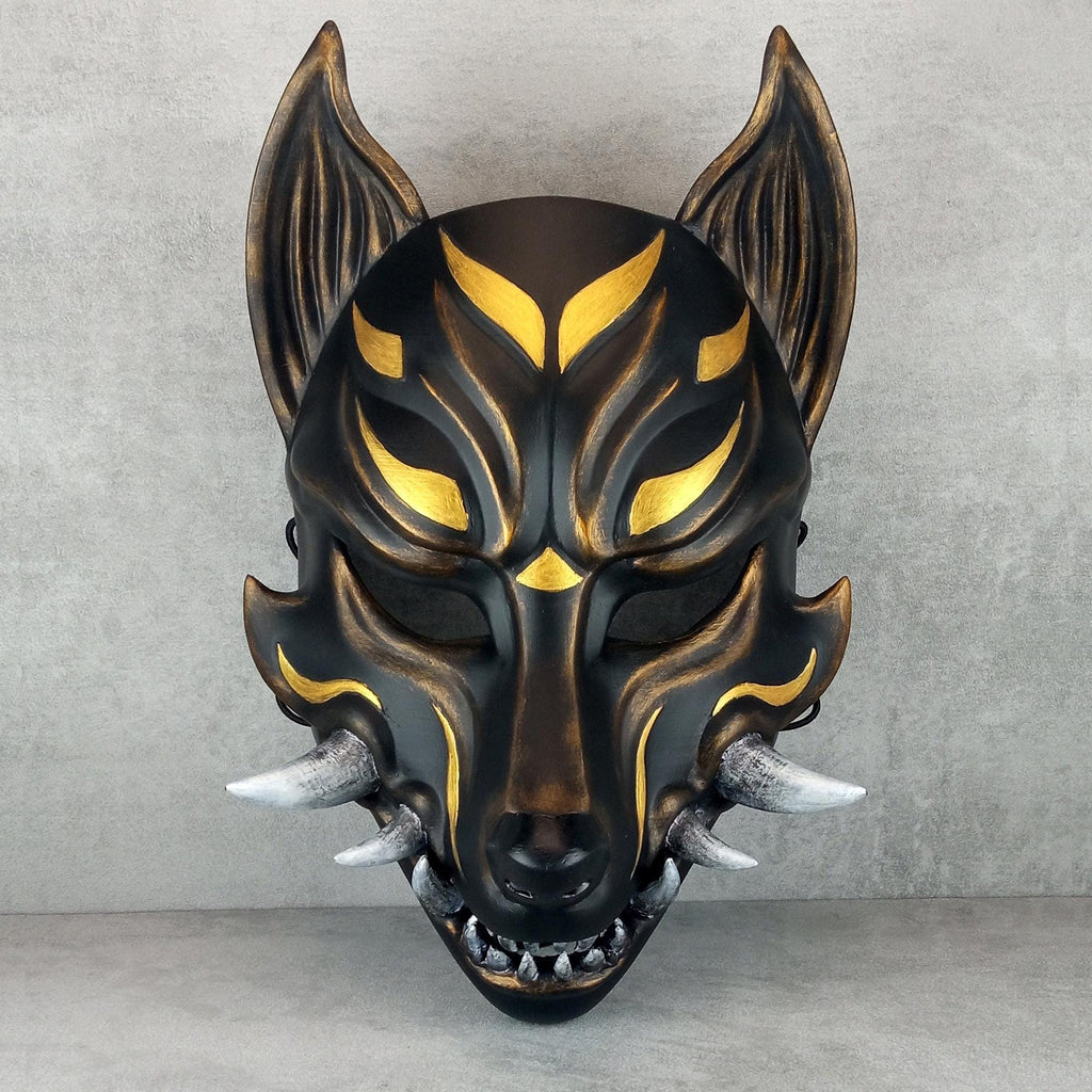 Schwarz mit goldener Okami-Maske, Kitsune-Maske, traditionelle japanische Maske, Youkai-Maske, Wolfsmaske