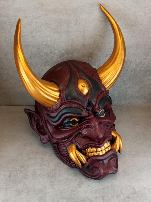 Traditional Japanese Hannya Mask – Cherry Red with Cracks, Large Golden Horns, Fangs & Eyes