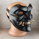 Black Samurai Somen Mask with Bronze Fangs – Japanese Warrior Armor Mask