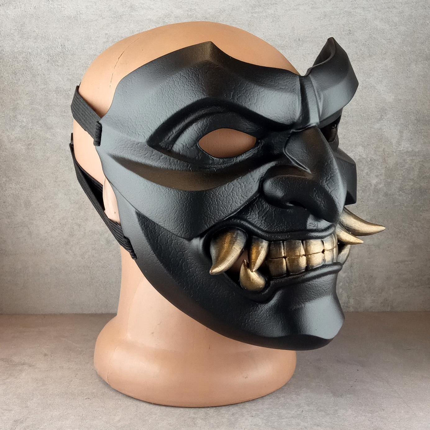 Black Samurai Somen Mask with Bronze Fangs – Japanese Warrior Armor Mask