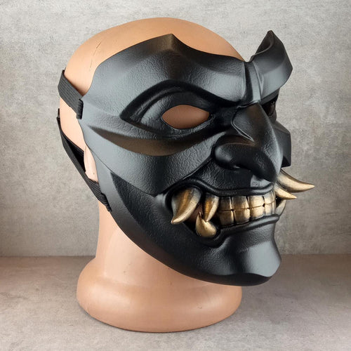Black Samurai Somen Mask with Bronze Fangs – Japanese Warrior Armor Mask