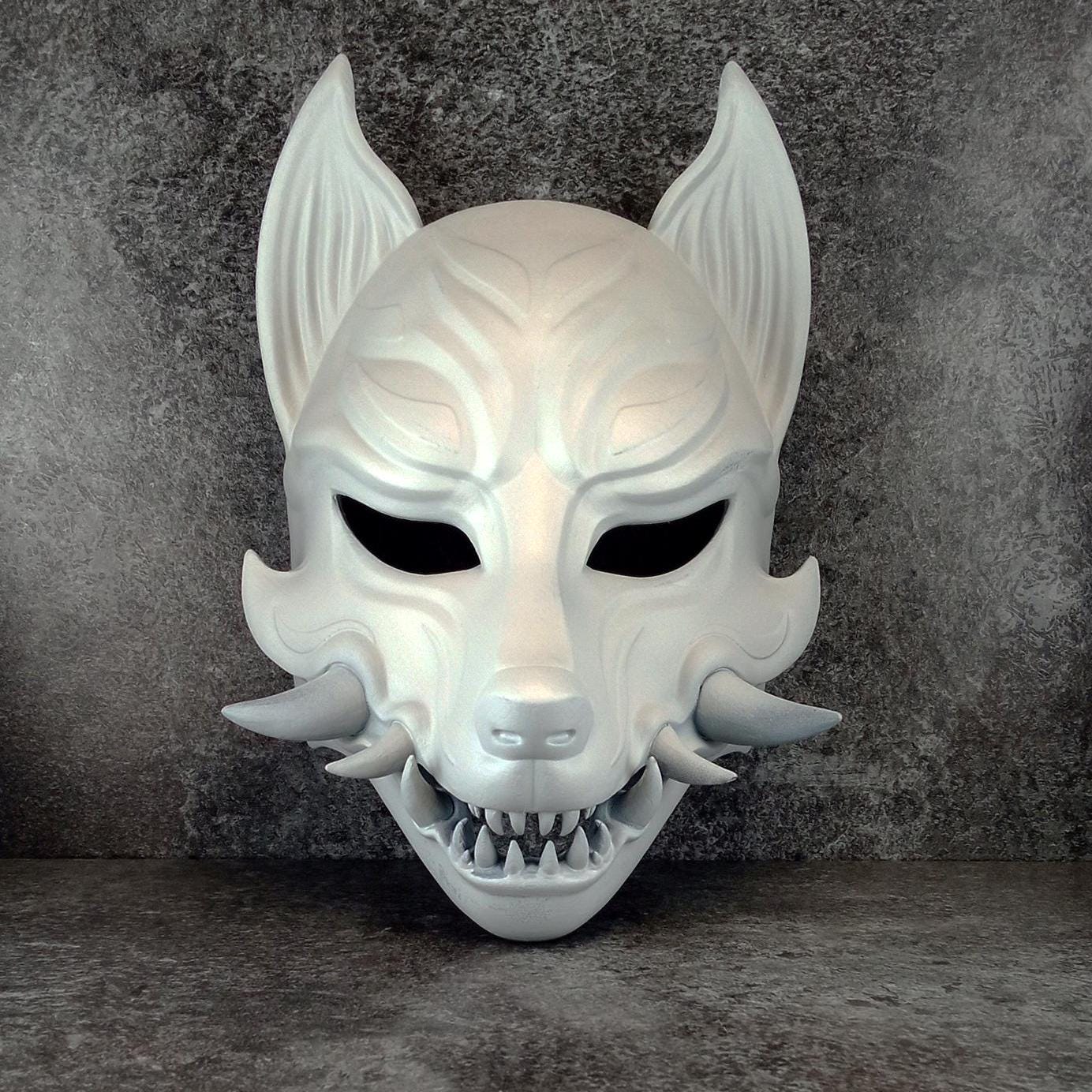 Traditional Japanese Kitsune (Okami) Wearable Mask – Black with Red Design