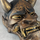 Black and Gold Cracked Traditional Hannya Mask with Large Black Eyebrows