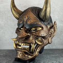 Black and Gold Cracked Traditional Hannya Mask with Large Black Eyebrows