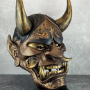 Black and Gold Cracked Traditional Hannya Mask with Large Black Eyebrows