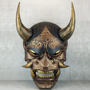 Black and Gold Cracked Traditional Hannya Mask with Large Black Eyebrows