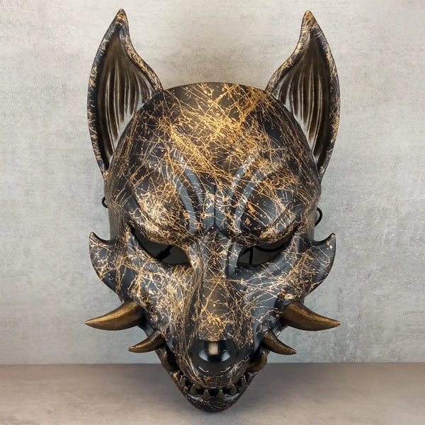Golden Marble Kitsune (Ōkami) Mask with Gold Fangs – Handmade