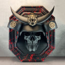 3D Samurai Skull Wall Art – Black Octagonal Frame with Red Splashes – Kabuto Helmet with Crescent Moon & Bronze Oni Tiger Head"