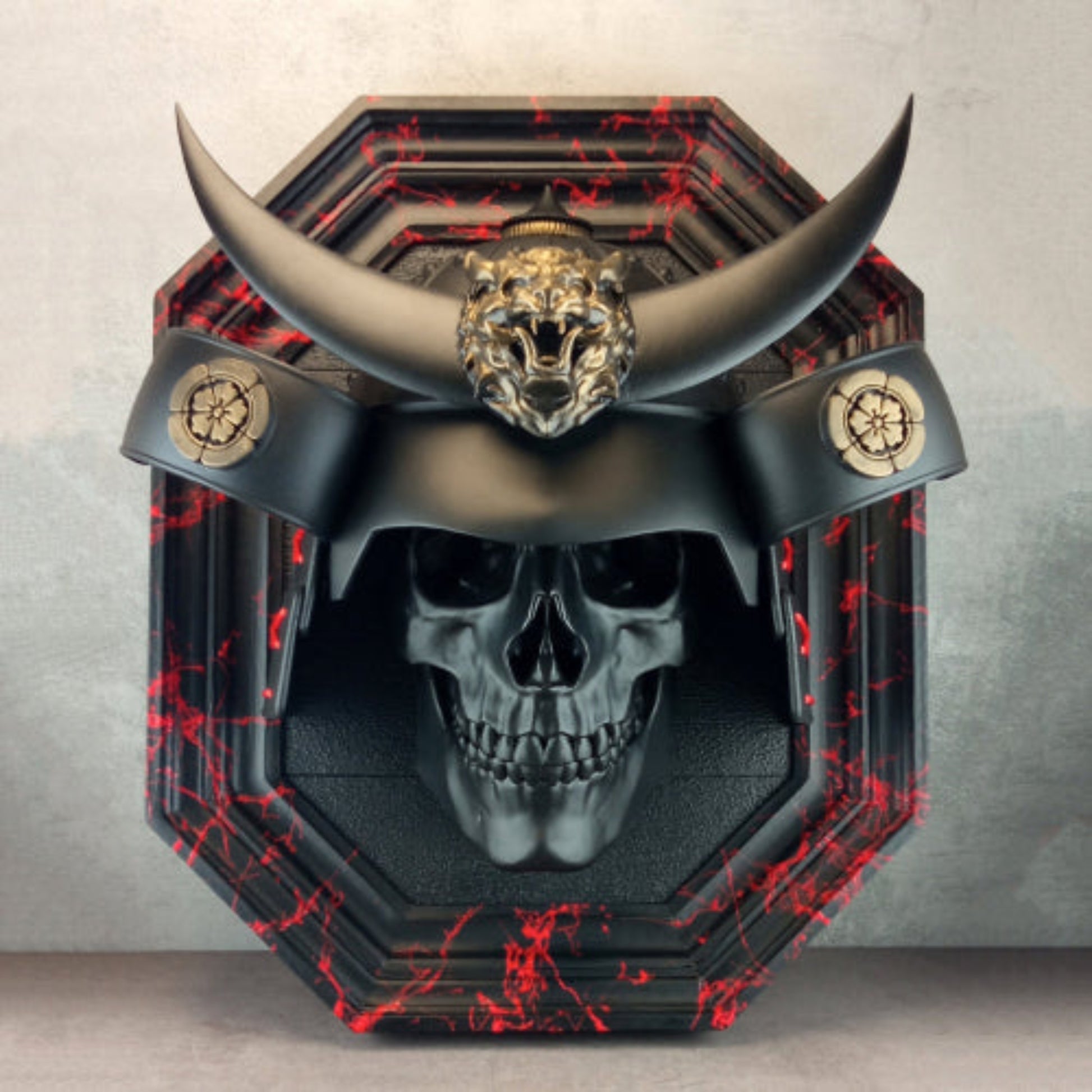 3D Samurai Skull Wall Art – Black Octagonal Frame with Red Splashes – Kabuto Helmet with Crescent Moon & Bronze Oni Tiger Head"