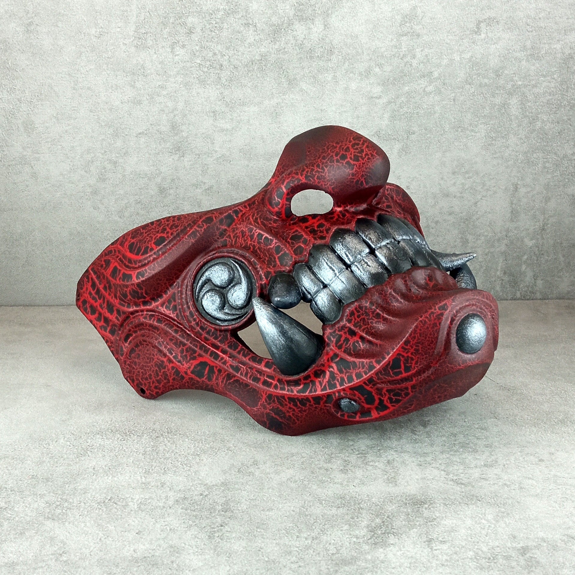 Red Cracked Samurai Mask with Silver Fangs  ,Samurai Wearable Half Mask ,Mampo mask