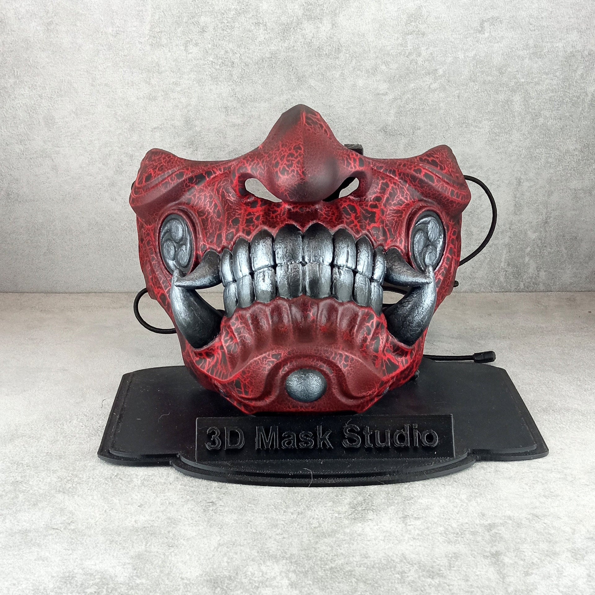 Red Cracked Samurai Mask with Silver Fangs  ,Samurai Wearable Half Mask ,Mampo mask
