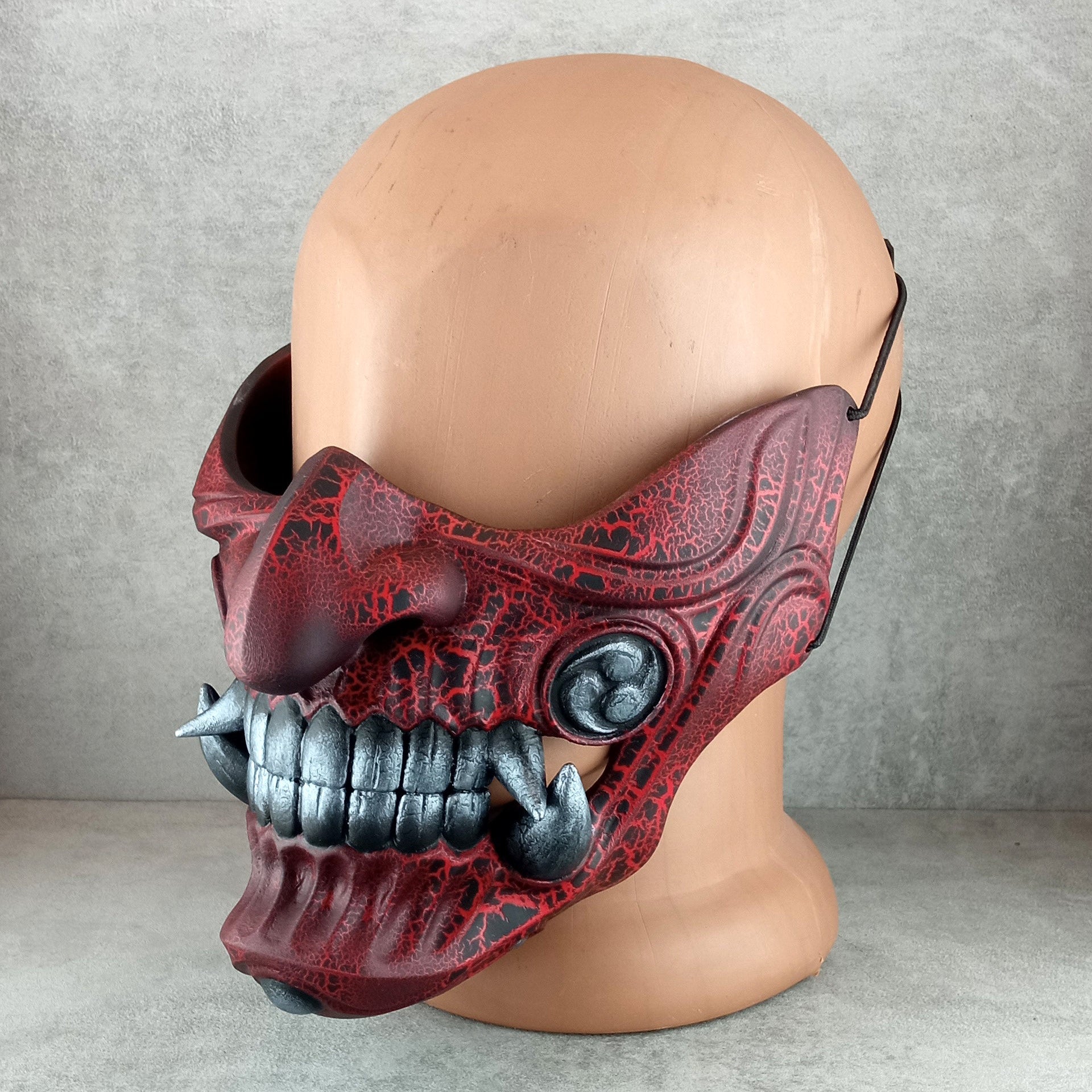Red Cracked Samurai Mask with Silver Fangs  ,Samurai Wearable Half Mask ,Mampo mask