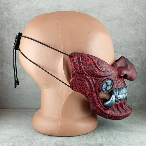 Red Cracked Samurai Mask with Silver Fangs  ,Samurai Wearable Half Mask ,Mampo mask