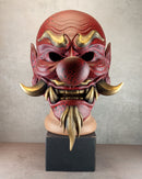 Red Cracked Tengu Demon Mask with Golden Fangs