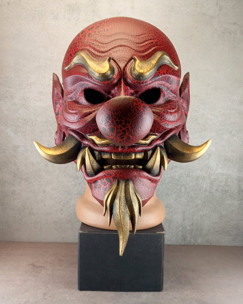 Red Cracked Tengu Demon Mask with Golden Fangs
