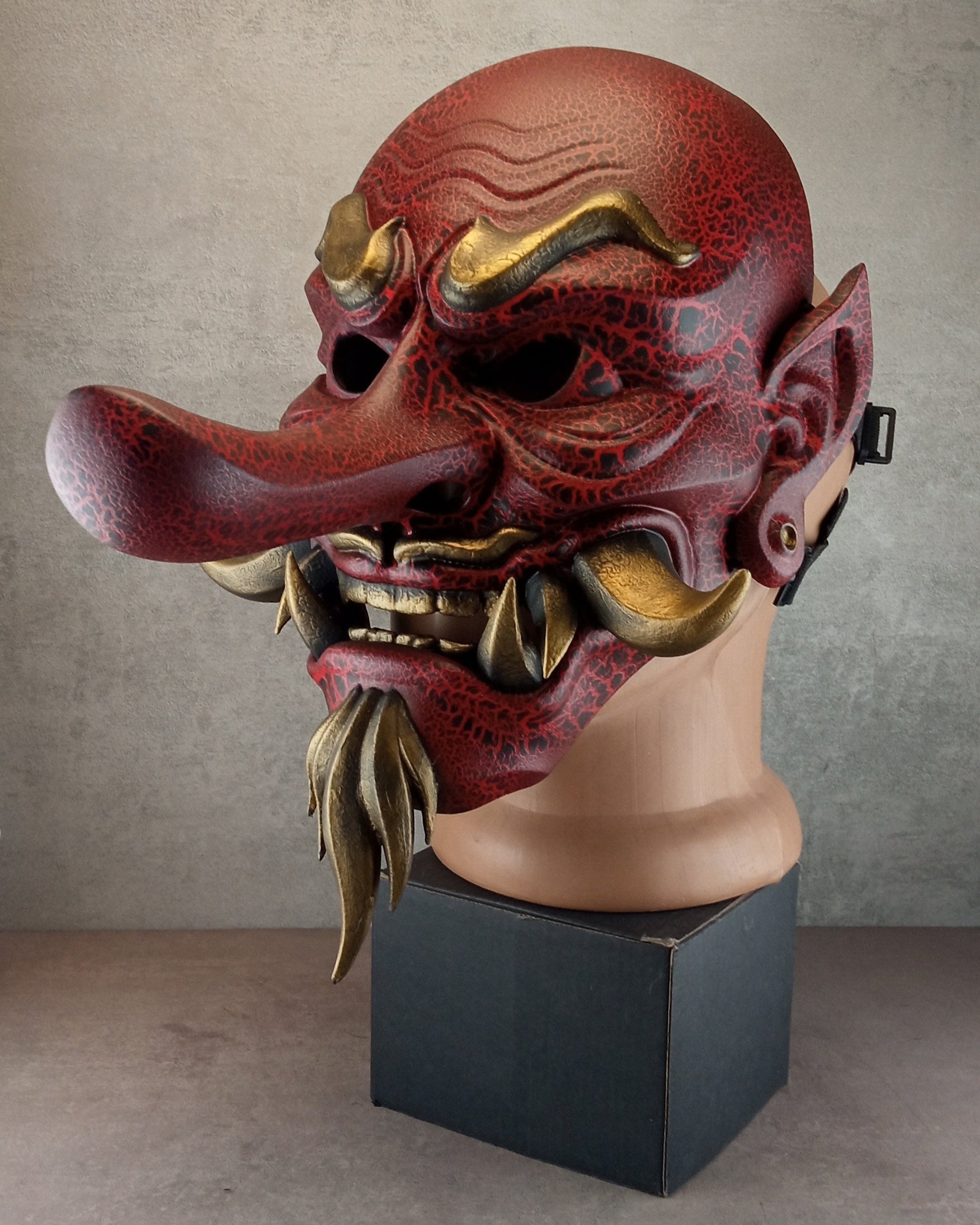 Red Cracked Tengu Demon Mask with Golden Fangs