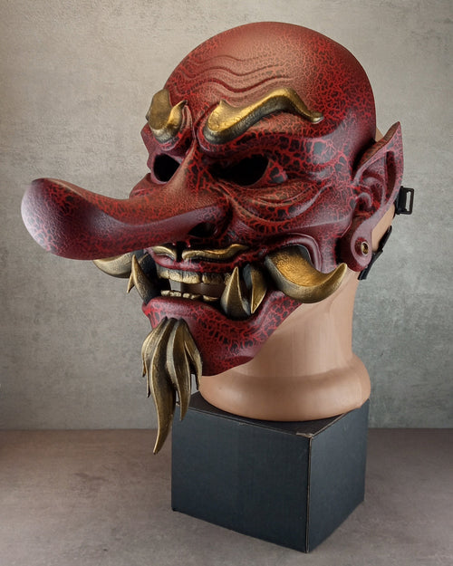 Red Cracked Tengu Demon Mask with Golden Fangs
