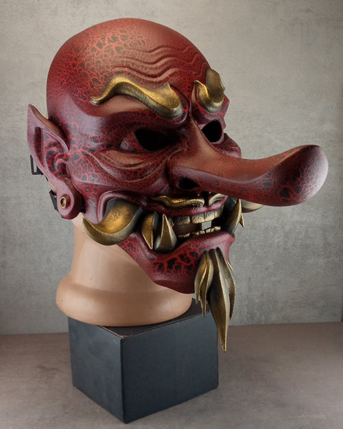 Red Cracked Tengu Demon Mask with Golden Fangs