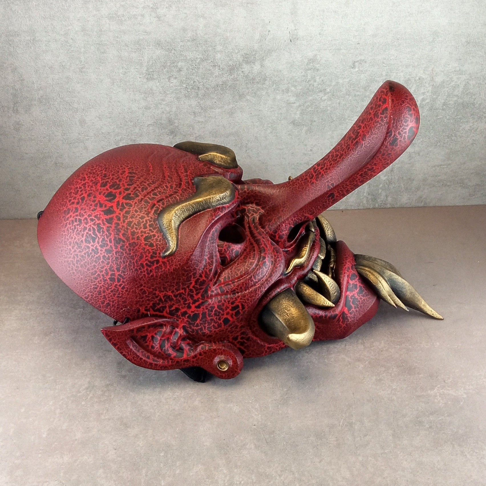 Red Cracked Tengu Demon Mask with Golden Fangs