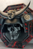3D Samurai Skull Wall Art – Black Octagonal Frame with Red Splashes – Kabuto Helmet with Crescent Moon & Bronze Oni Tiger Head"