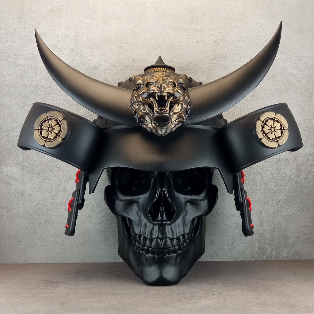 3D Samurai Skull Wall Art – Black Octagonal Frame with Red Splashes – Kabuto Helmet with Crescent Moon & Bronze Oni Tiger Head"