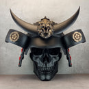 3D Samurai Skull Wall Art – Black Octagonal Frame with Red Splashes – Kabuto Helmet with Crescent Moon & Bronze Oni Tiger Head"