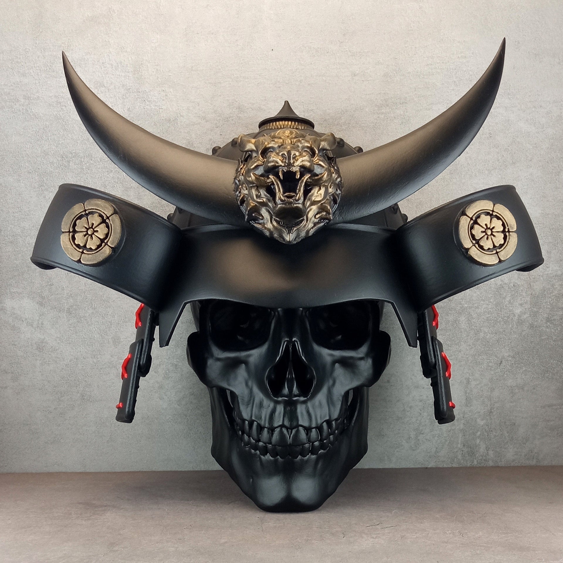 3D Samurai Skull Wall Art – Black Octagonal Frame with Red Splashes – Kabuto Helmet with Crescent Moon & Bronze Oni Tiger Head"