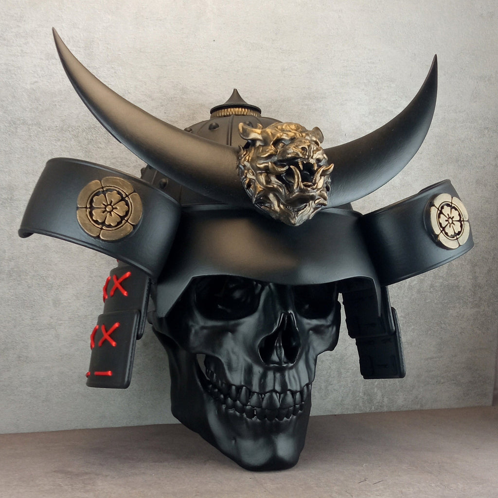 3D Samurai Skull Wall Art – Black Octagonal Frame with Red Splashes – Kabuto Helmet with Crescent Moon & Bronze Oni Tiger Head"