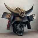 3D Samurai Skull Wall Art – Black Octagonal Frame with Red Splashes – Kabuto Helmet with Crescent Moon & Bronze Oni Tiger Head"