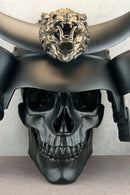 3D Samurai Skull Wall Art – Black Octagonal Frame with Red Splashes – Kabuto Helmet with Crescent Moon & Bronze Oni Tiger Head"