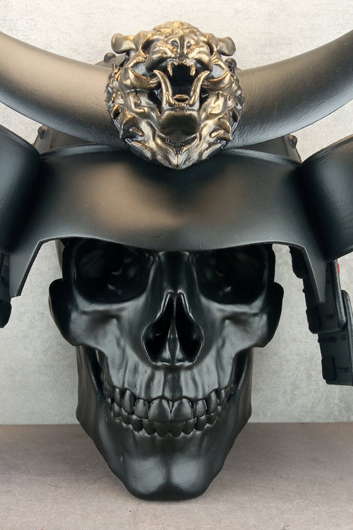 3D Samurai Skull Wall Art – Black Octagonal Frame with Red Splashes – Kabuto Helmet with Crescent Moon & Bronze Oni Tiger Head"