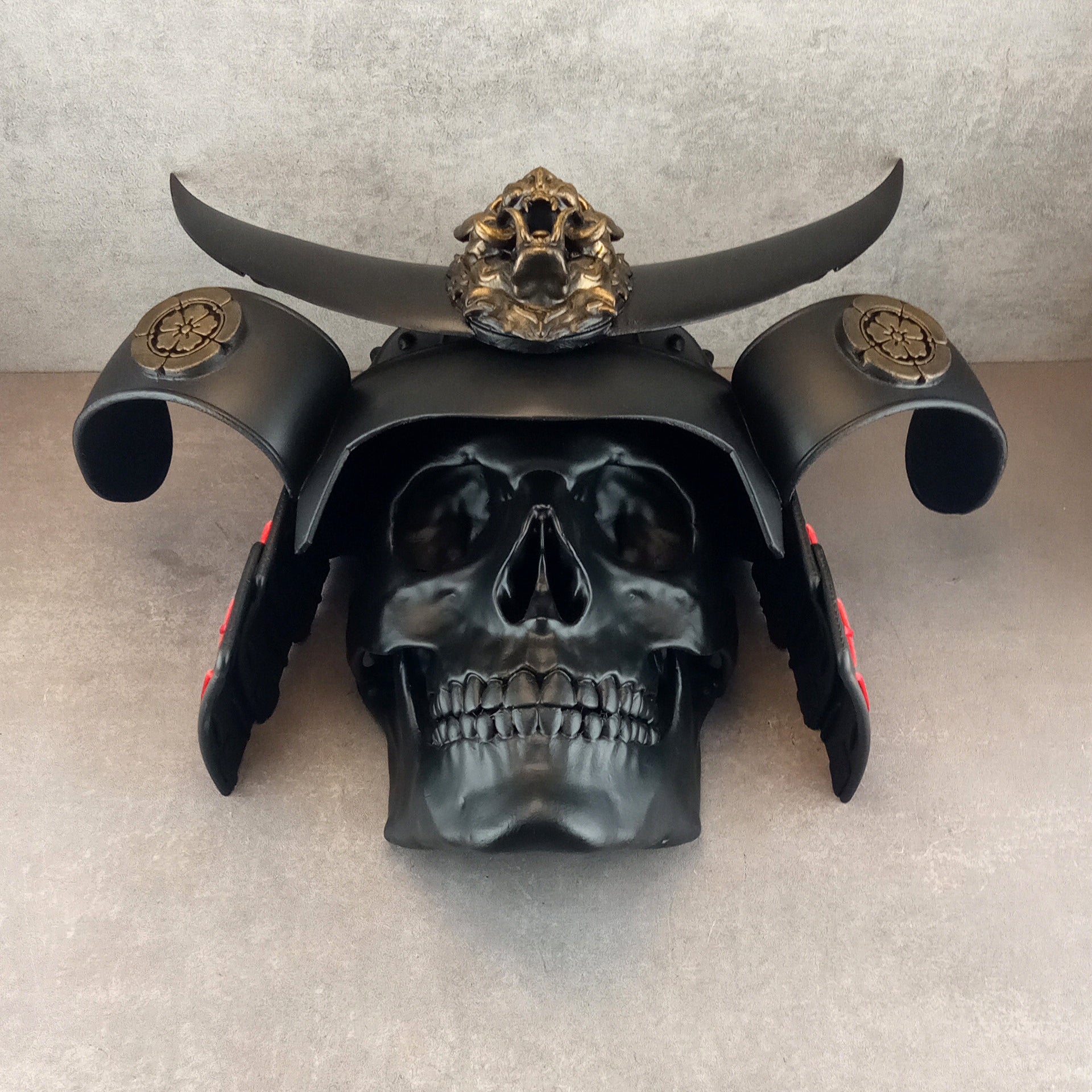 3D Samurai Skull Wall Art – Black Octagonal Frame with Red Splashes – Kabuto Helmet with Crescent Moon & Bronze Oni Tiger Head"