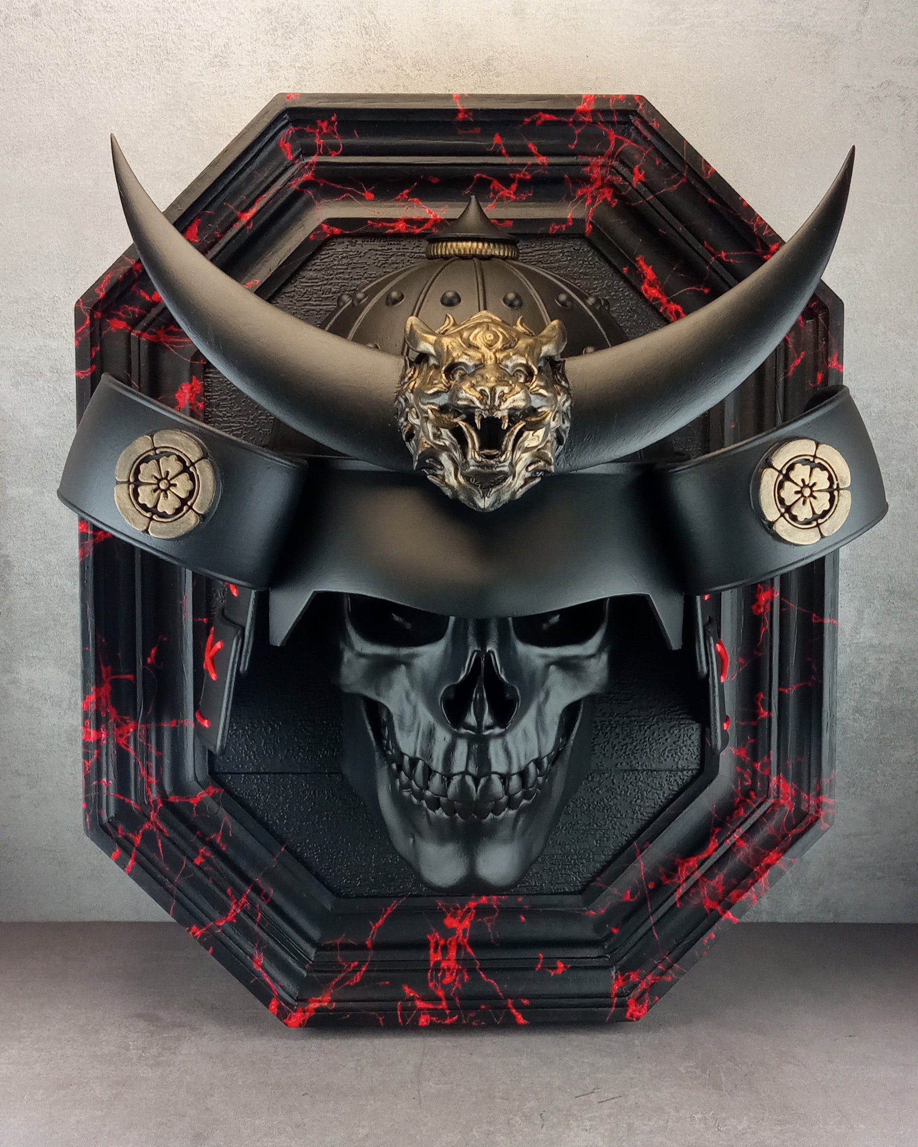 3D Samurai Skull Wall Art – Black Octagonal Frame with Red Splashes – Kabuto Helmet with Crescent Moon & Bronze Oni Tiger Head"