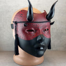 Red and Black Cracked Geisha Witch Mask with Shiny Black Horns