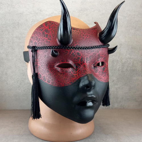 Red and Black Cracked Geisha Witch Mask with Shiny Black Horns